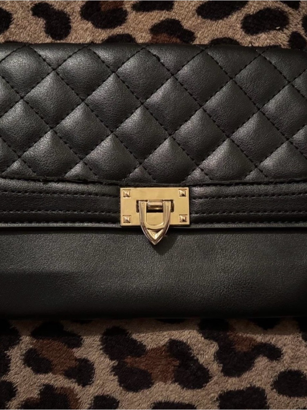 Quilted Black Leather Clutch with Gold Lock